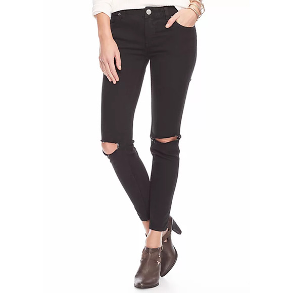 Free People Jeans 24 Black Denim Skinny Mid Rise Distressed - Picture 11 of 11